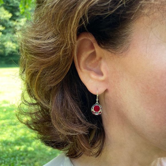 COPY - Recycled Vintage 1940's Red Beer Bottle Vintage Lace Lever Back Earrings - Picture 2 of 3